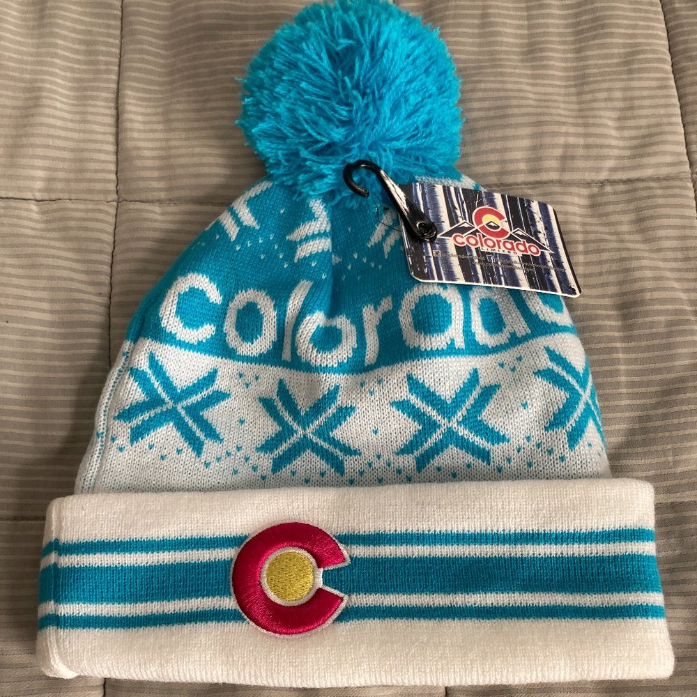 Colorado Snowflake Beanie, White and Aqua, Colorado logo is hot pink.